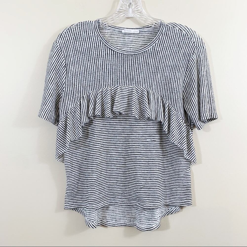 Zara W/B Collection White Striped Ruffle Top